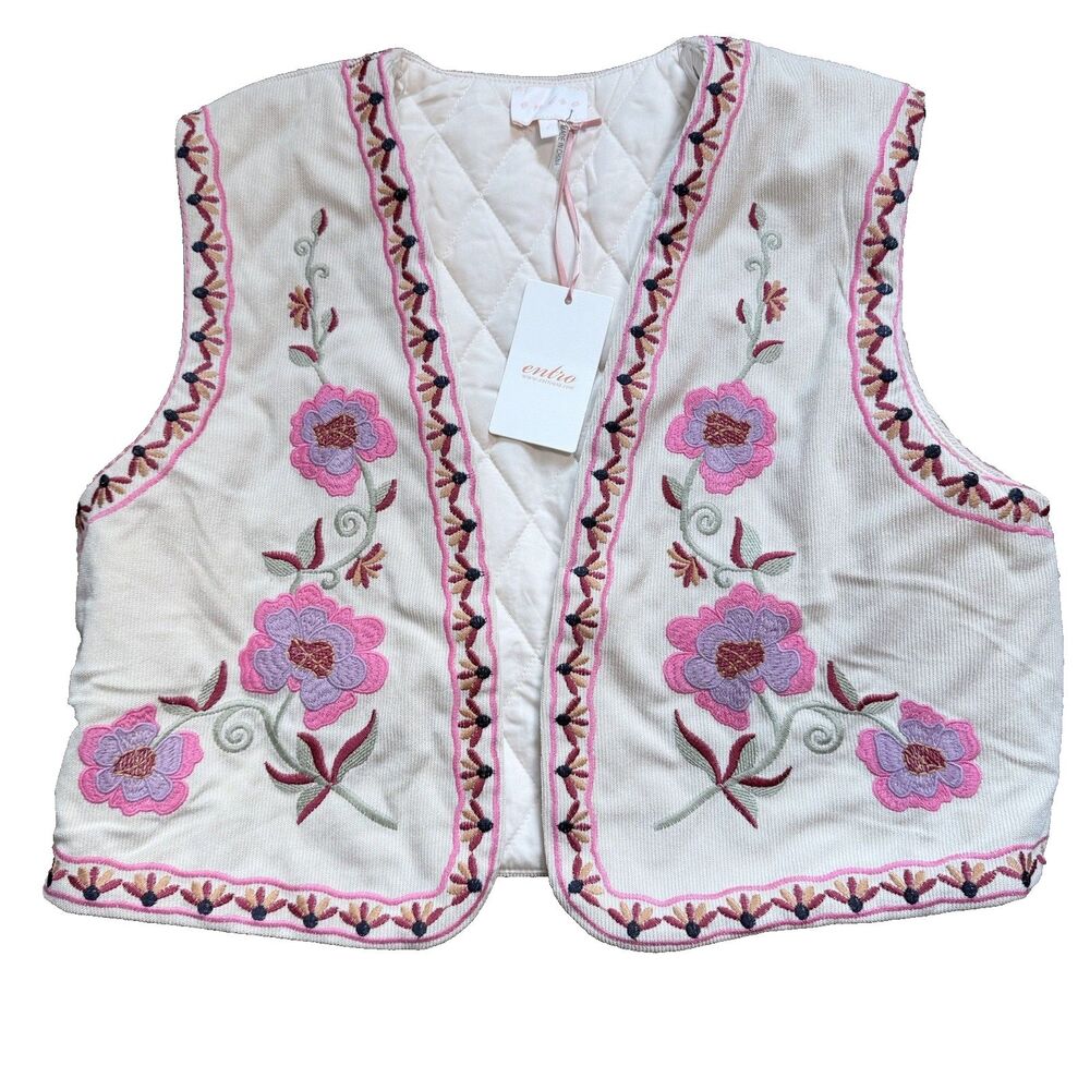 Entro Embroidered Floral Quilted Vest Women L Ecru Pink Boho Cottagecore NWT